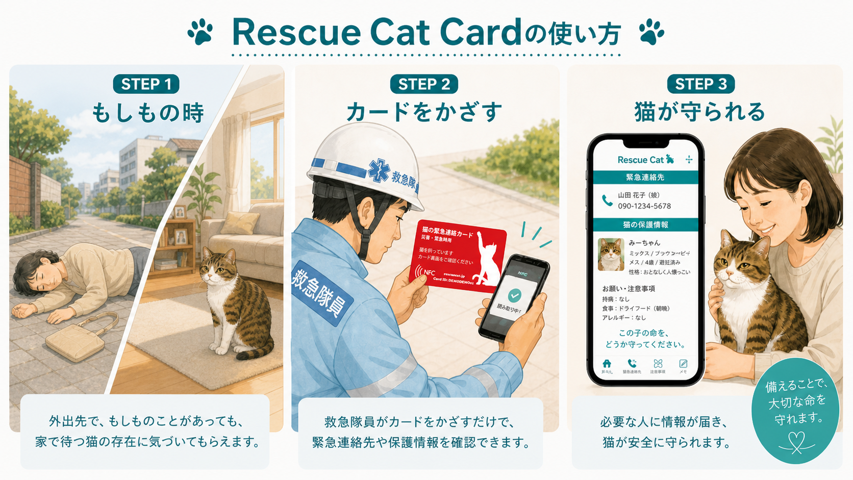 Rescue Cat Cardの使い方（外出先）— STEP1: もしもの時 / STEP2: 救急隊員がカードをかざす / STEP3: 猫が守られる